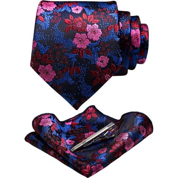 Floral Necktie and Pocket Square Tie Clip Sets for Men - Picture 1 of 5